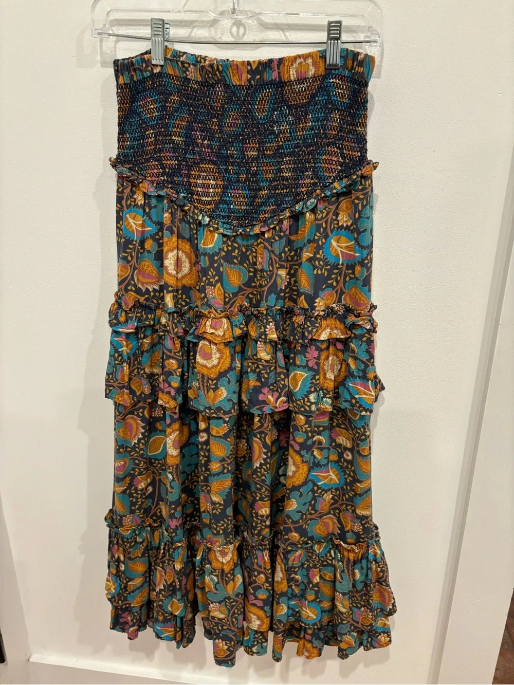 House of Harlow Maxi Skirt Womens Small Smocking Ruffles Bohemian Blue Ochre - Picture 6 of 12